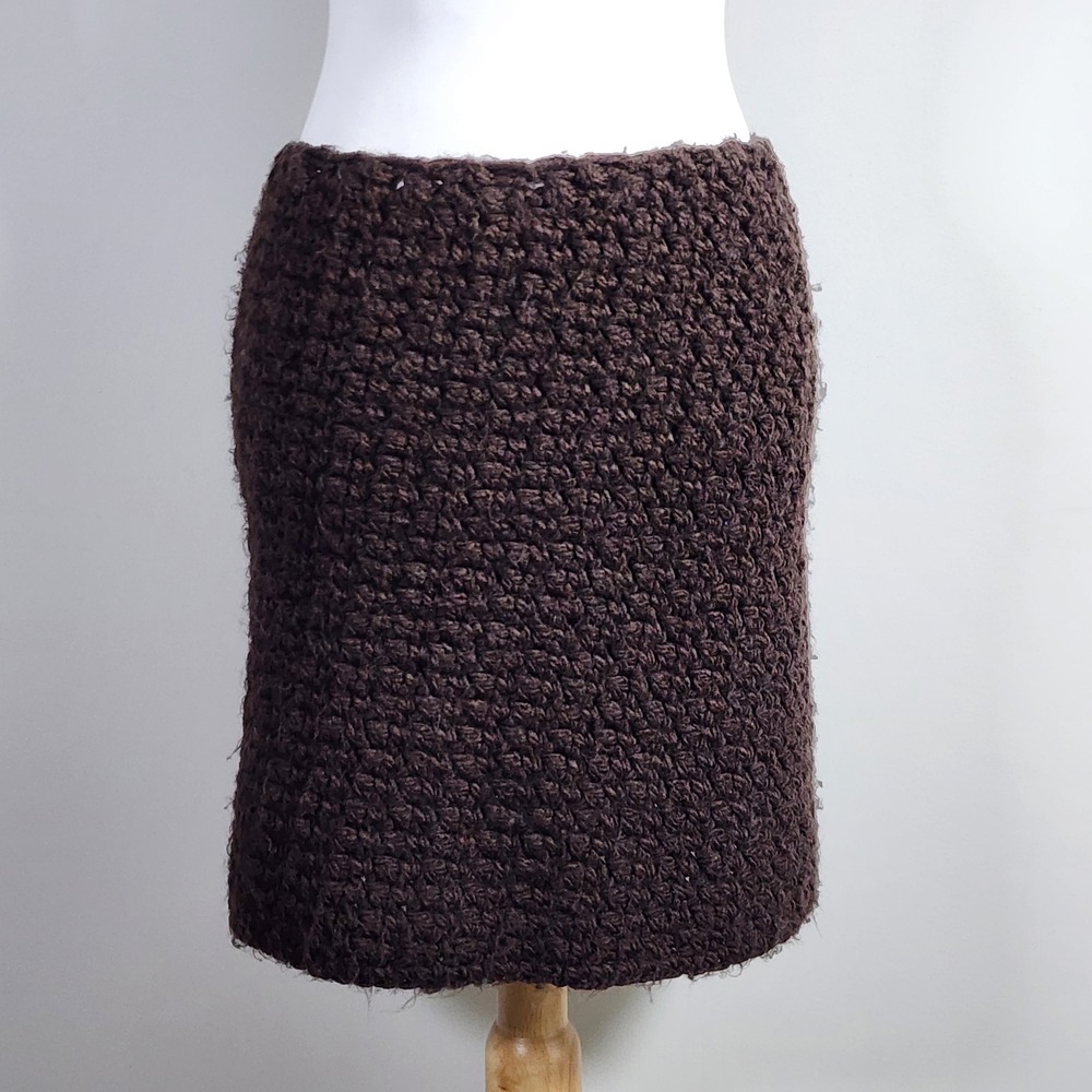 Crochet Mini Skirt Womens Medium Brown Knit Textured Boho Earthy Hippie Wool